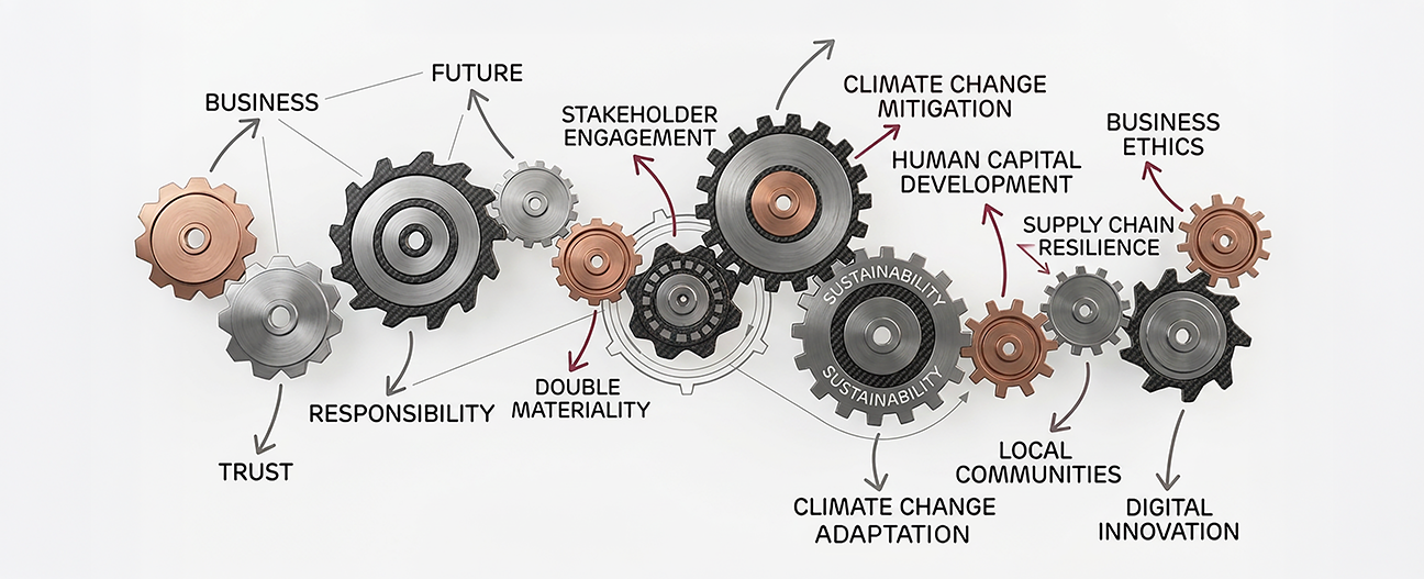 Interlocking gears representing materiality themes â€” Business, Future, Stakeholder Engagement, Climate Change Mitigation, Human Capital Development, Business Ethics, Supply Chain Resilience, Digital Innovation, Local Communities, Climate Change Adaptation, Double Materiality, Responsibility and Trust