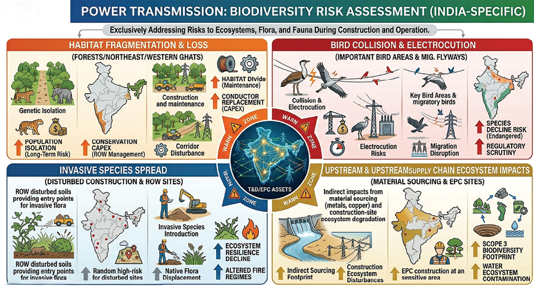 Power transmission: biodiversity risk assessment (India-specific) â€” habitat fragmentation and loss, bird collision and electrocution, invasive species spread, and upstream supply chain ecosystem impacts