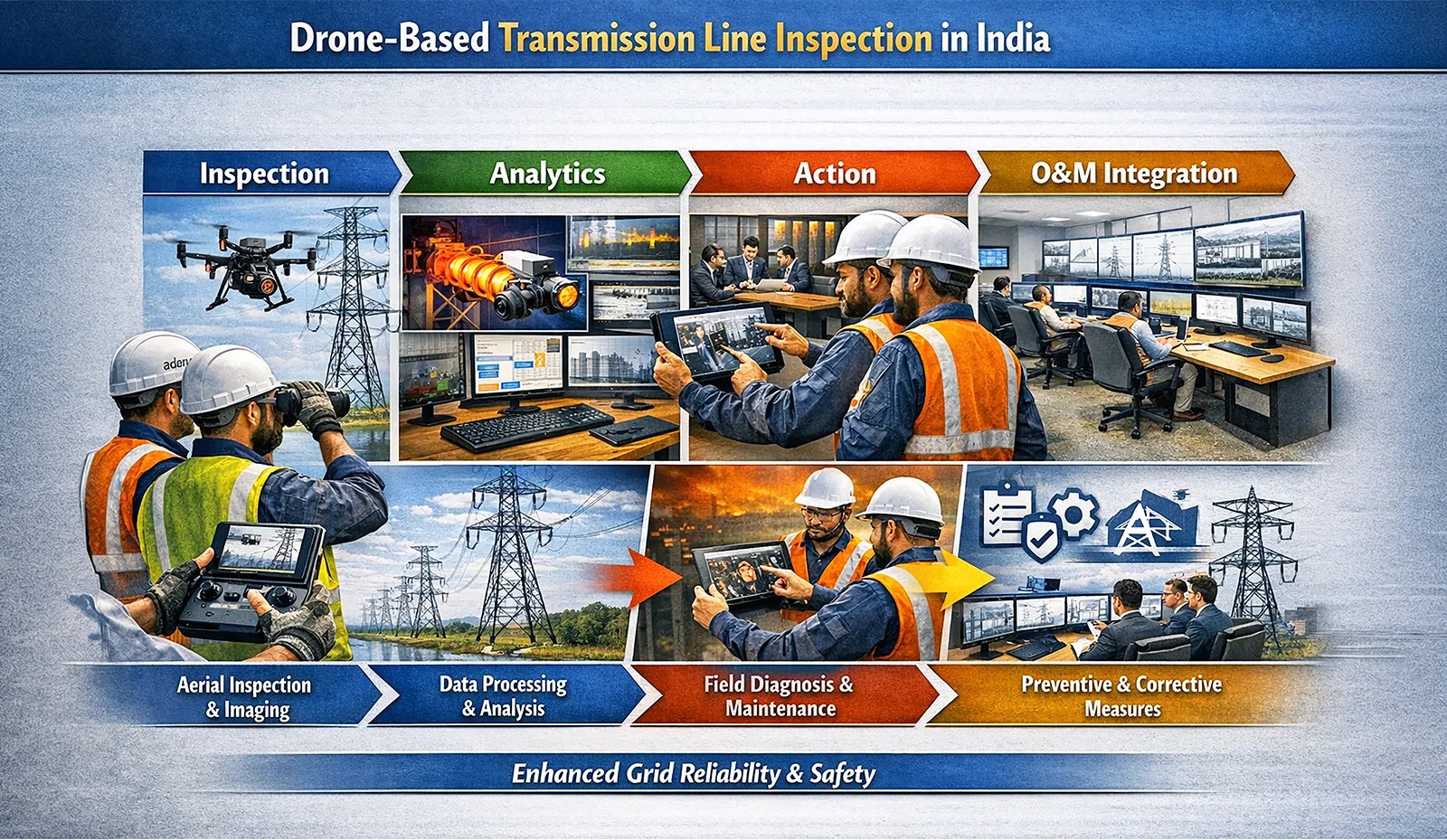 Drone-Based Transmission Line Inspection in India: Inspection, Analytics, Action, O&M Integration — Enhanced Grid Reliability & Safety
