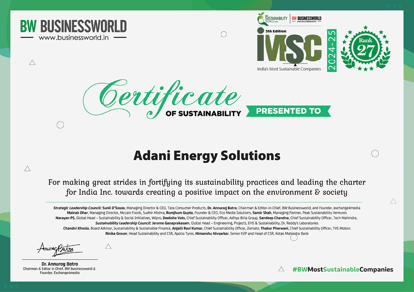 BW Businessworld Certificate of Sustainability â€” India's Most Sustainable Companies, Rank 27