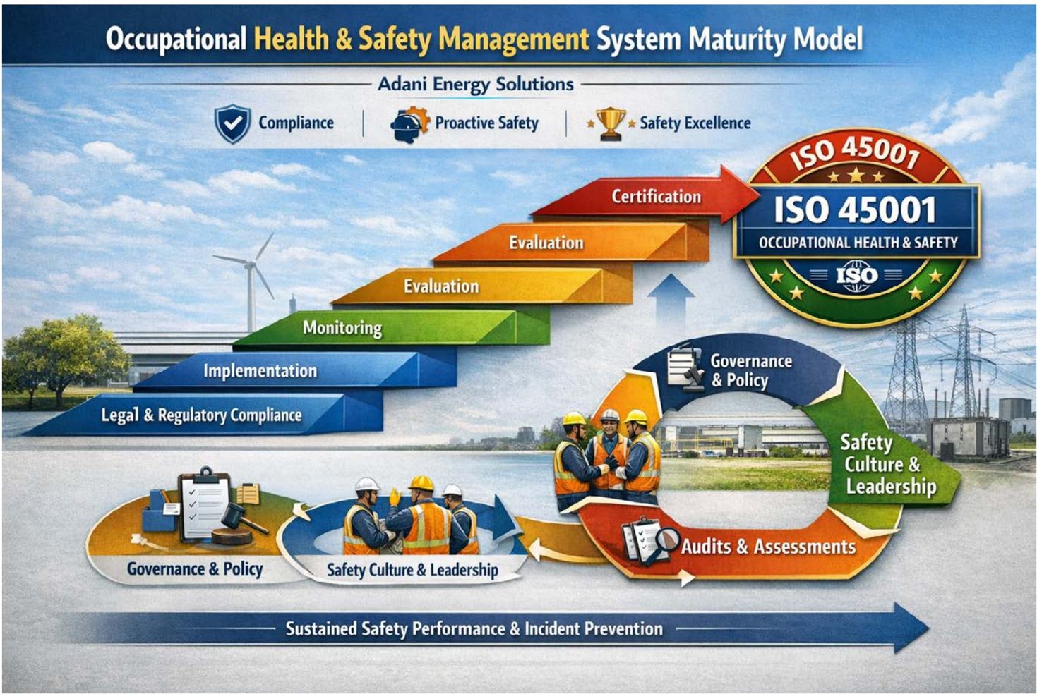 Occupational Health & Safety Management System Maturity Model: Legal & Regulatory Compliance, Implementation, Monitoring, Evaluation, Certification (ISO 45001); Governance & Policy, Safety Culture & Leadership, Audits & Assessments; Sustained Safety Performance & Incident Prevention