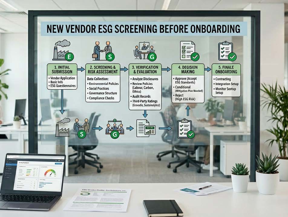 New vendor ESG screening before onboarding &ndash; a five-step flow from initial submission to final onboarding