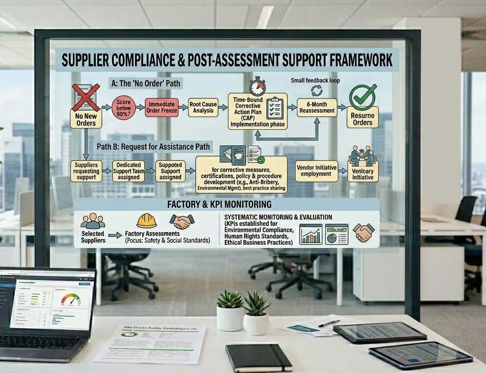 Supplier Compliance & Post-Assessment Support Framework &ndash; the &lsquo;No Order&rsquo; path, the request-for-assistance path, and factory & KPI monitoring