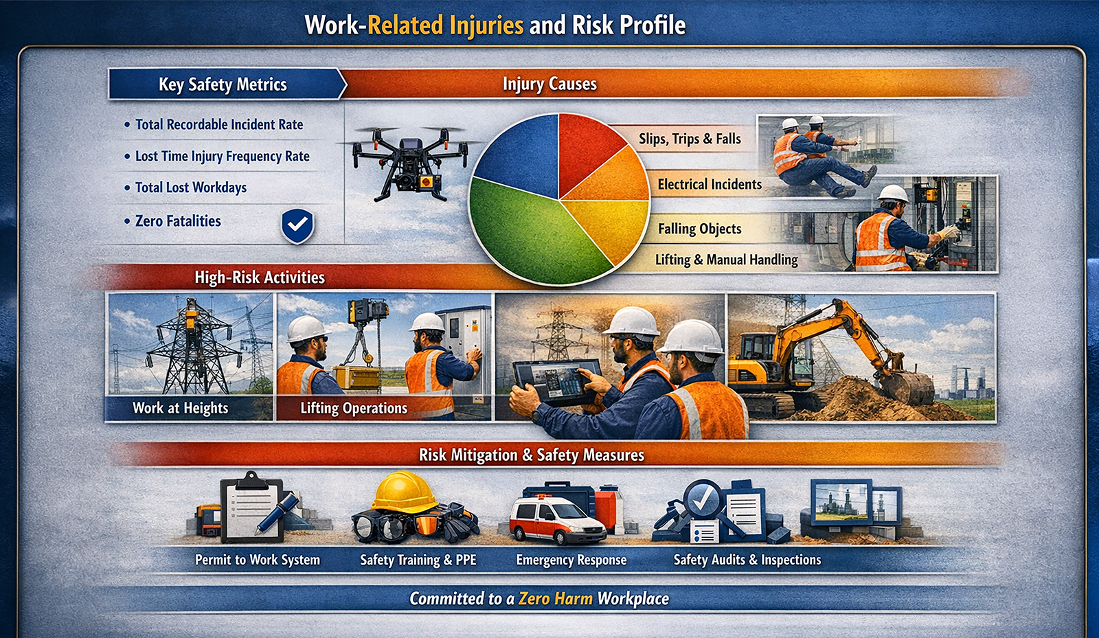 Work-Related Injuries and Risk Profile: key safety metrics, injury causes (slips/trips/falls, electrical incidents, falling objects, lifting & manual handling), high-risk activities and risk mitigation measures