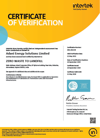 Intertek Certificate of Verification â€” Zero Waste to Landfill, Adani Energy Solutions Limited